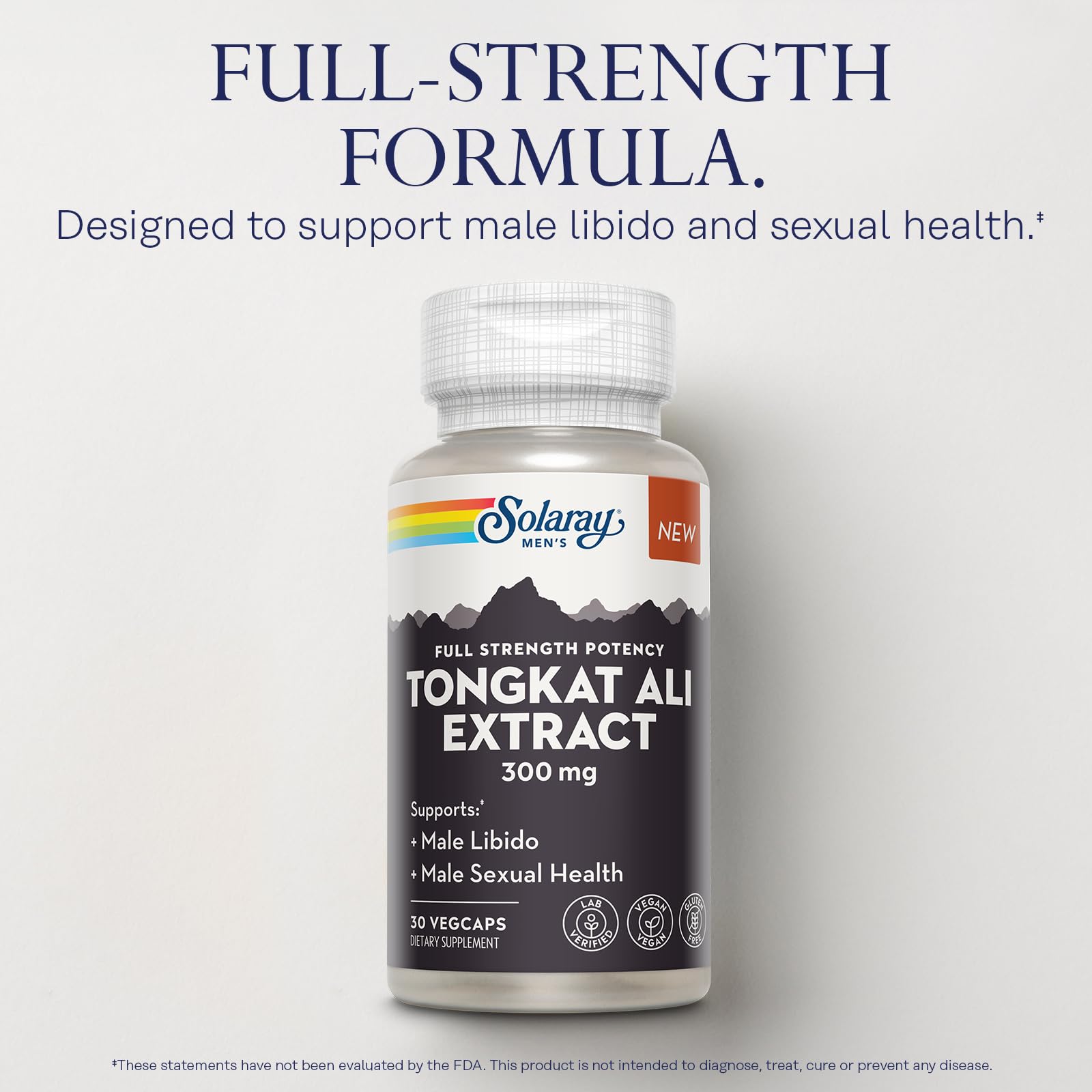 SOLARAY Tongkat Ali label shows vegan and gluten-free features for clean living.