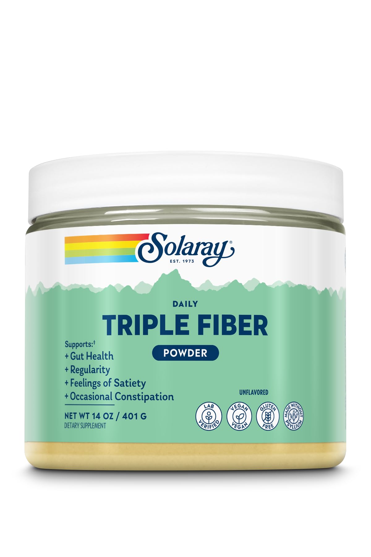SOLARAY Triple Fiber Powder bottle showing unflavored vegan blend for daily gut support