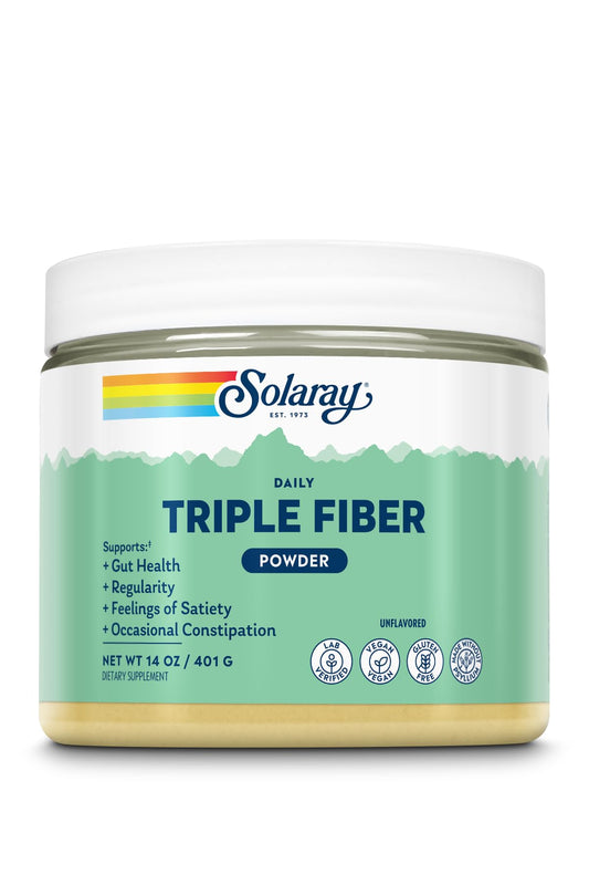 SOLARAY Triple Fiber Powder bottle showing unflavored vegan blend for daily gut support