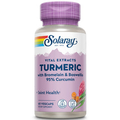 Solaray turmeric bottle closeup showing 60 servings for daily joint support