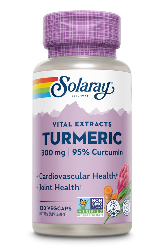 Solaray turmeric root extract bottle, 300 mg per capsule, ideal for daily wellness support