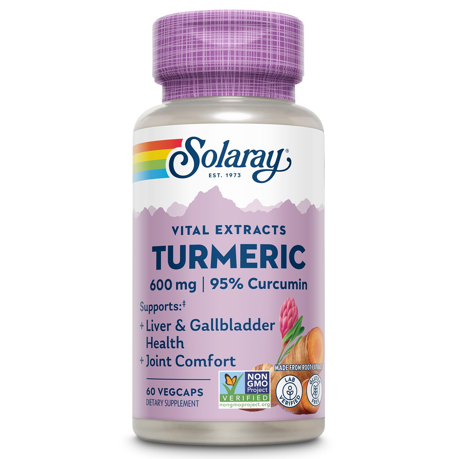 SOLARAY Turmeric 600mg bottle front view highlights high potency curcuminoids for joints