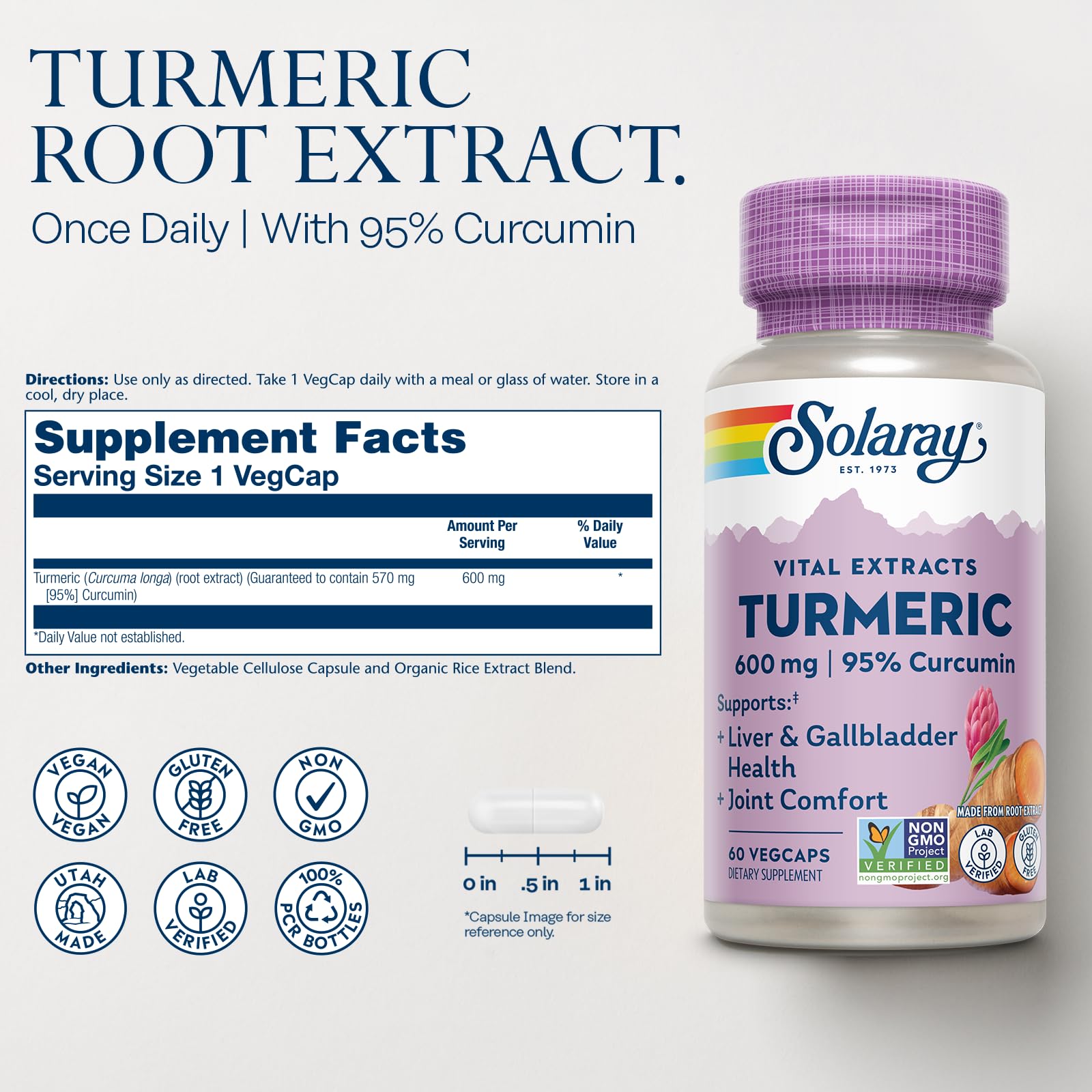 SOLARAY turmeric bottle side angle shows vegan, gluten-free supplement for daily wellness