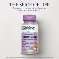 SOLARAY turmeric supplement label close-up emphasizes 95% curcuminoids and non-GMO formula