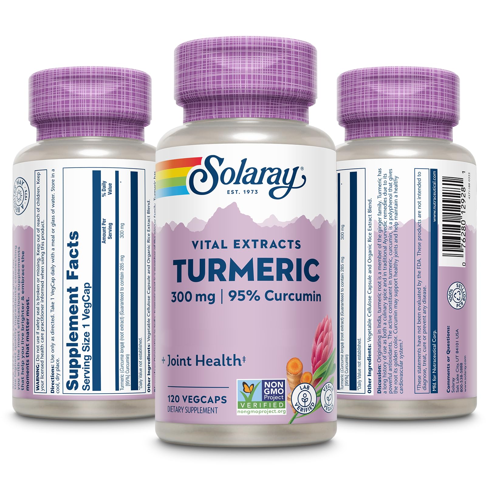 SOLARAY turmeric supplement bottle back with dosage and vegan details.