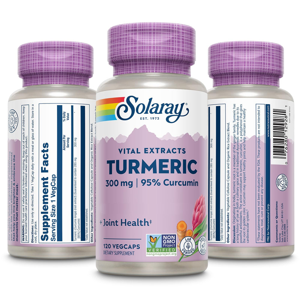 SOLARAY turmeric supplement bottle back with dosage and vegan details.