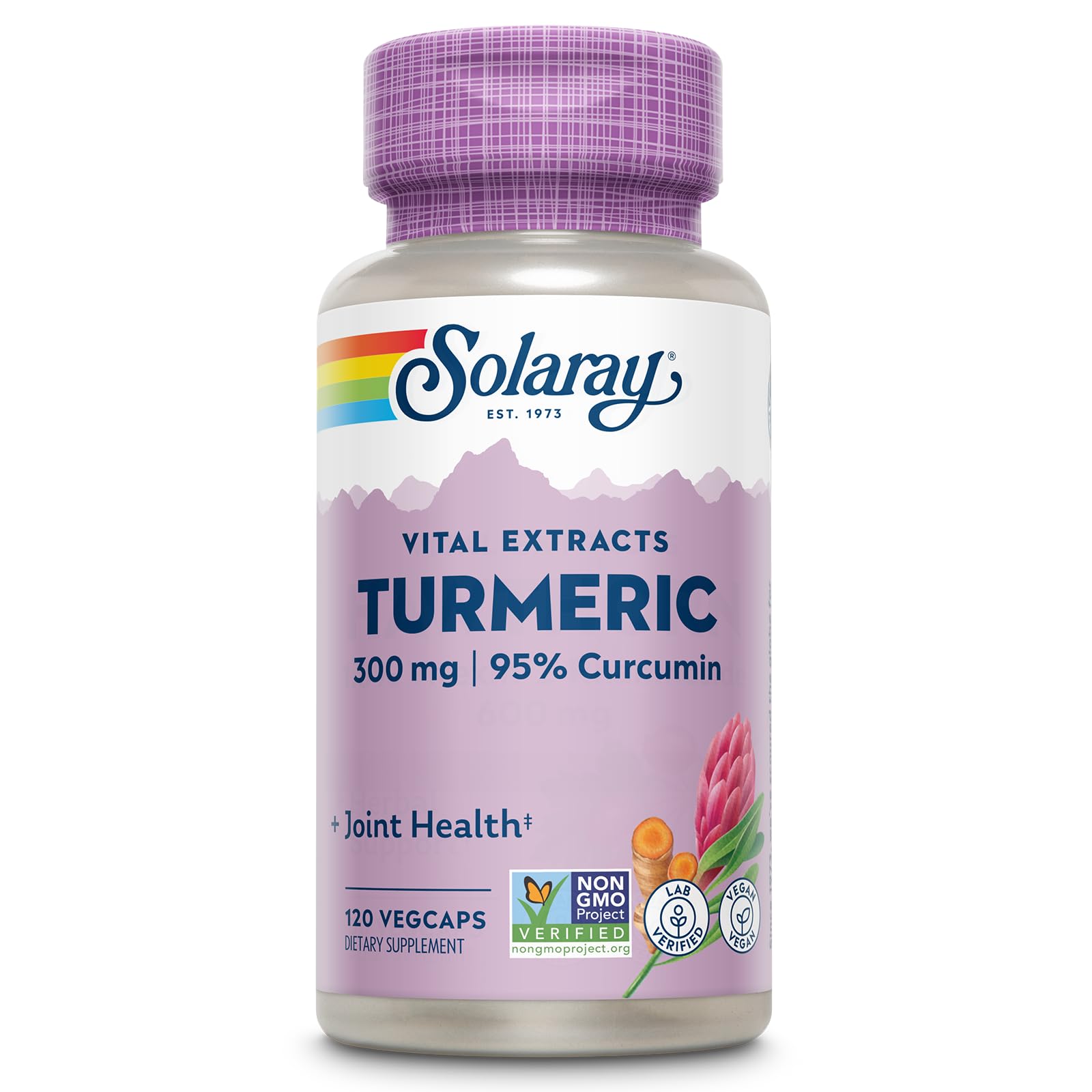 SOLARAY turmeric supplement bottle front showing 95% curcumin for joint support.