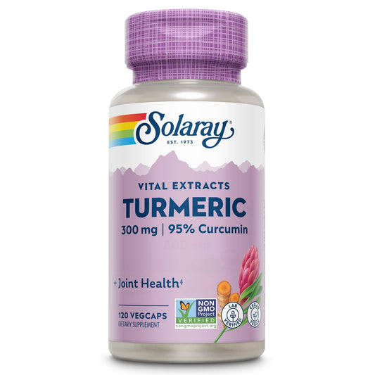 SOLARAY turmeric supplement bottle front showing 95% curcumin for joint support.