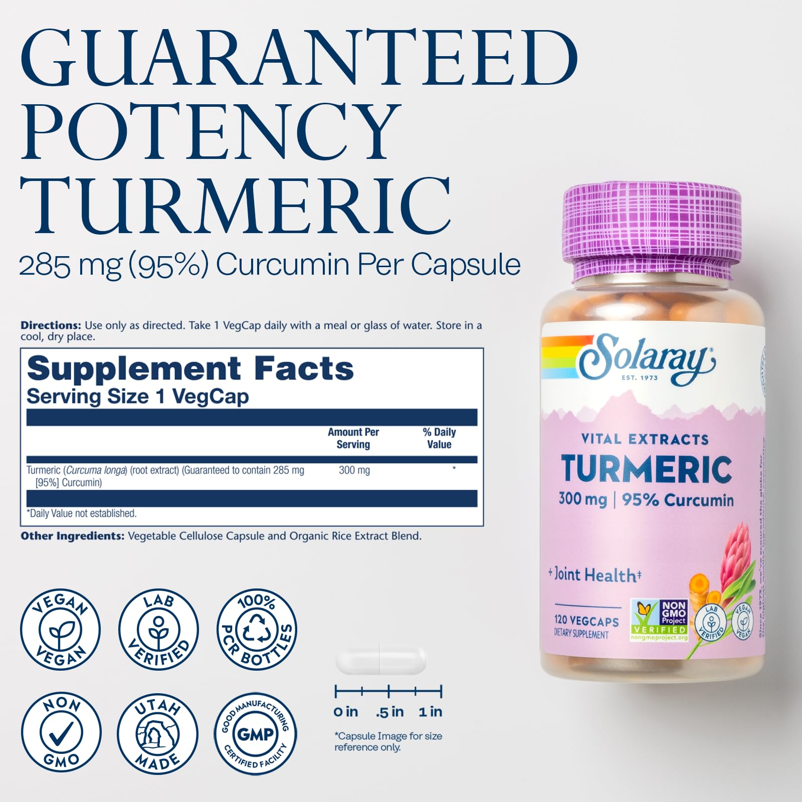 SOLARAY turmeric capsules close-up highlighting 300 mg extract per serving.