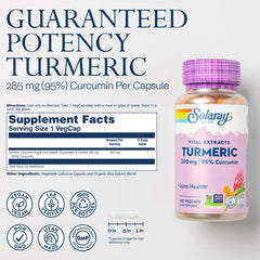 SOLARAY turmeric capsules close-up highlighting 300 mg extract per serving.