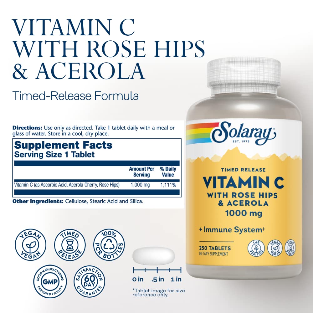 SOLARAY two-stage timed-release capsules provide sustained vitamin C delivery