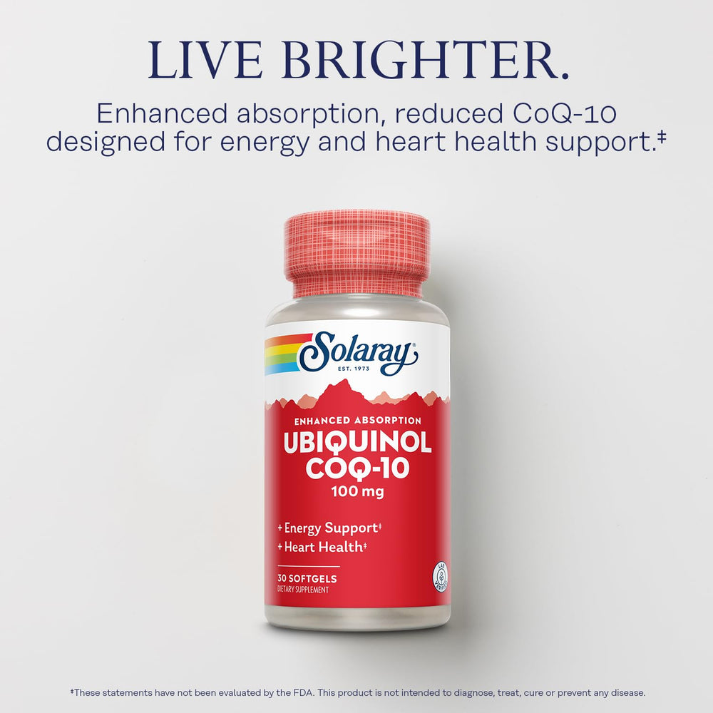 SOLARAY Ubiquinol CoQ-10 concept image highlights enhanced absorption potential.