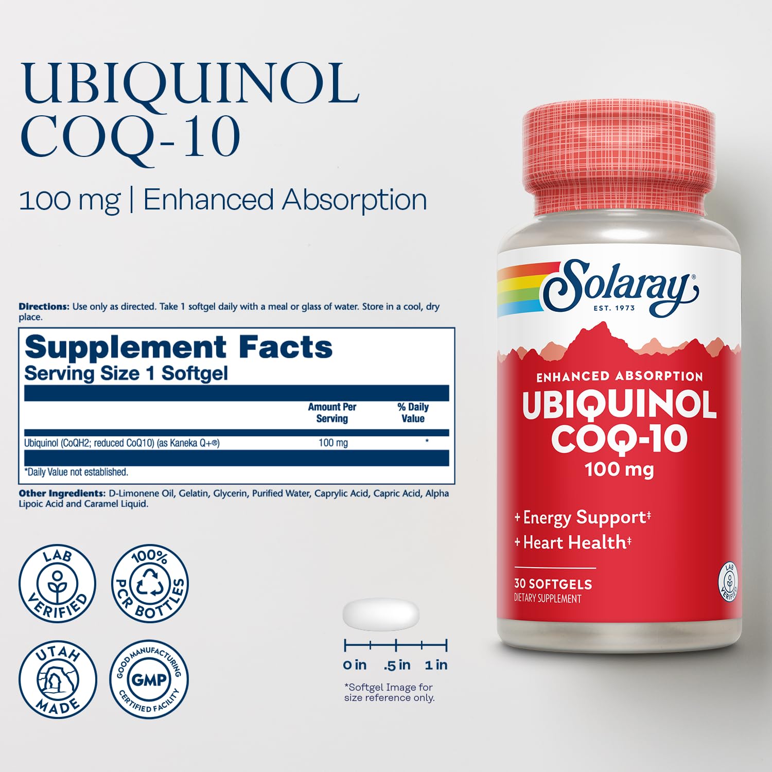 SOLARAY Ubiquinol CoQ-10 softgels support steady energy and heart health.