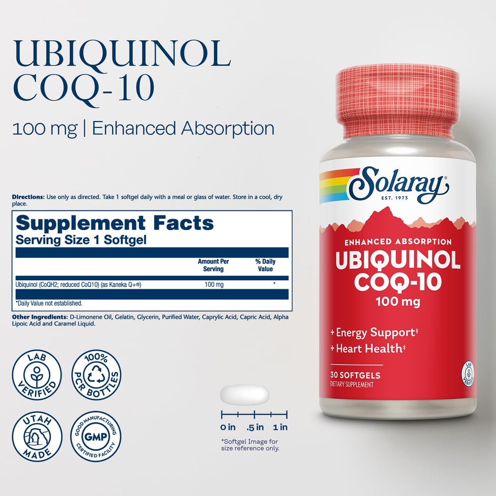 SOLARAY Ubiquinol CoQ-10 softgels support steady energy and heart health.