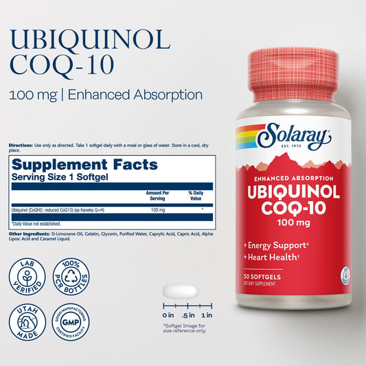 SOLARAY Ubiquinol CoQ-10 softgels support steady energy and heart health.