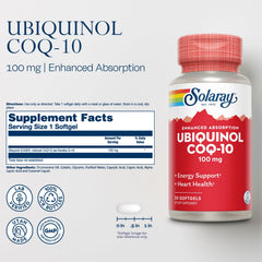 SOLARAY Ubiquinol CoQ-10 softgels support steady energy and heart health.