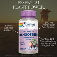 SOLARAY Mangosteen 100mg polyphenols label closeup emphasizing natural content.