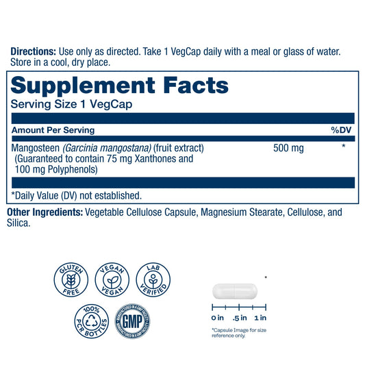 SOLARAY Mangosteen 75mg xanthones closeup highlighting antioxidant compounds.