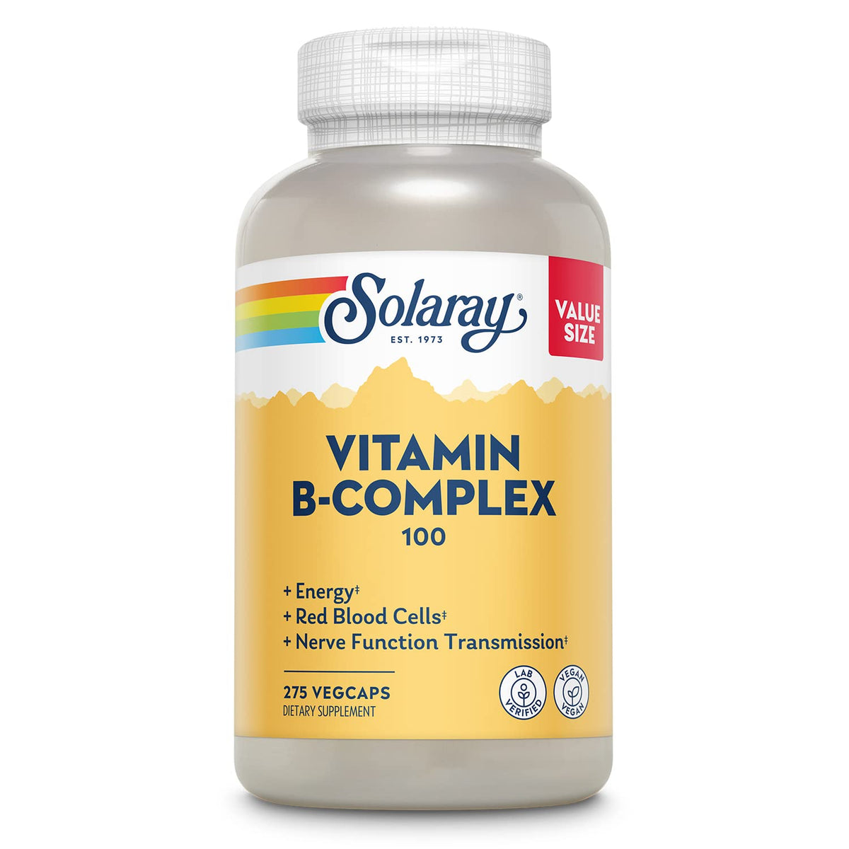 SOLARAY Vitamin B Complex bottle front; supports daily energy metabolism.