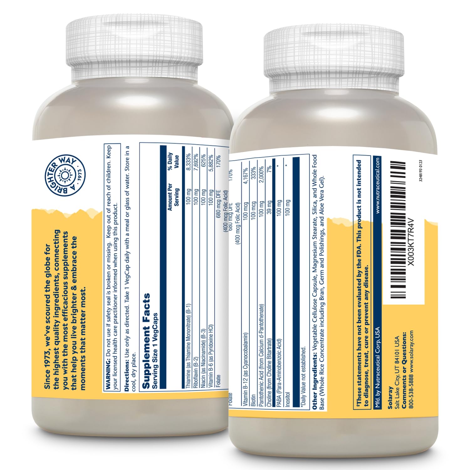 SOLARAY Vitamin B Complex capsules inside bottle; convenient vegan energy support.