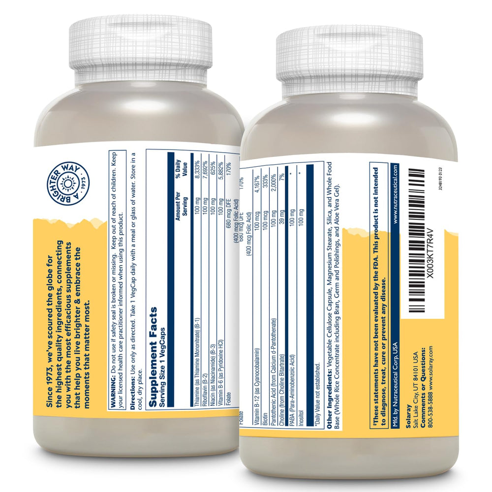 SOLARAY Vitamin B Complex capsules inside bottle; convenient vegan energy support.