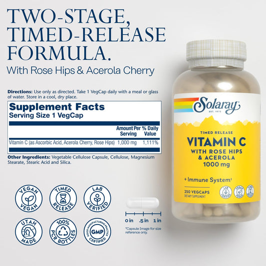 SOLARAY Vitamin C 1000mg capsules closeup shows two stage release design benefits.