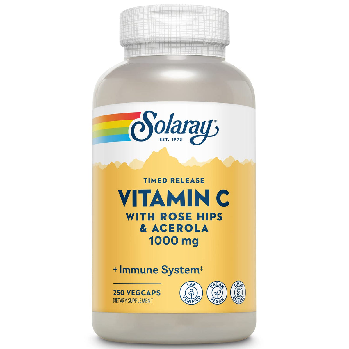SOLARAY Vitamin C 1000mg bottle with rose hips highlights immune support potential.