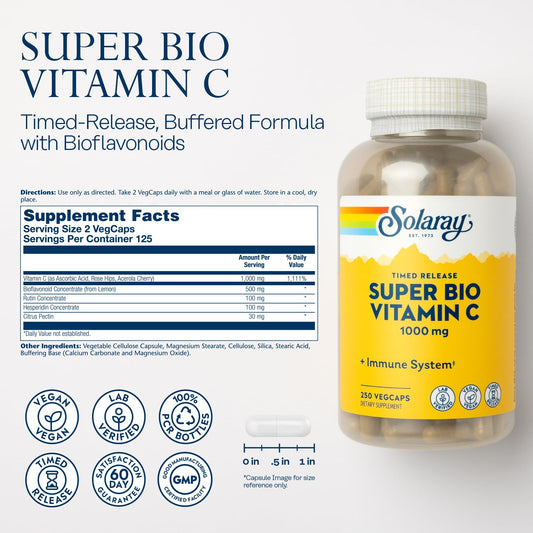 Solaray vitamin C capsules close-up emphasizes buffered formula for gentle digestion