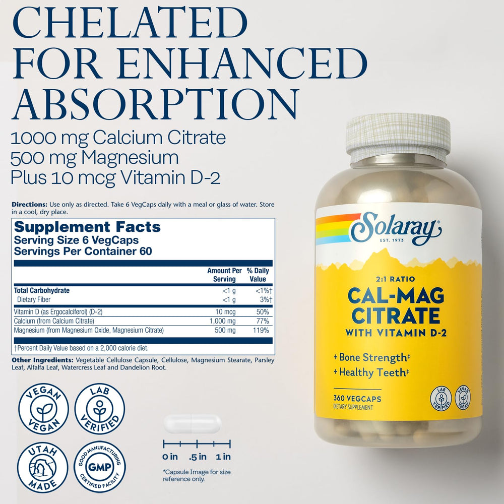 SOLARAY vitamin D2 absorption support label highlights enhanced mineral uptake.