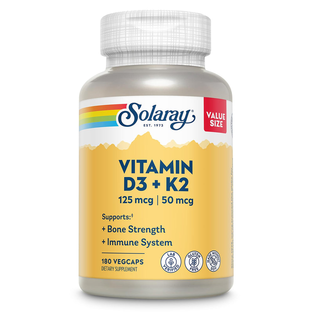 SOLARAY Vitamin D3 K2 bottle close-up showing label and capsule texture for bone support