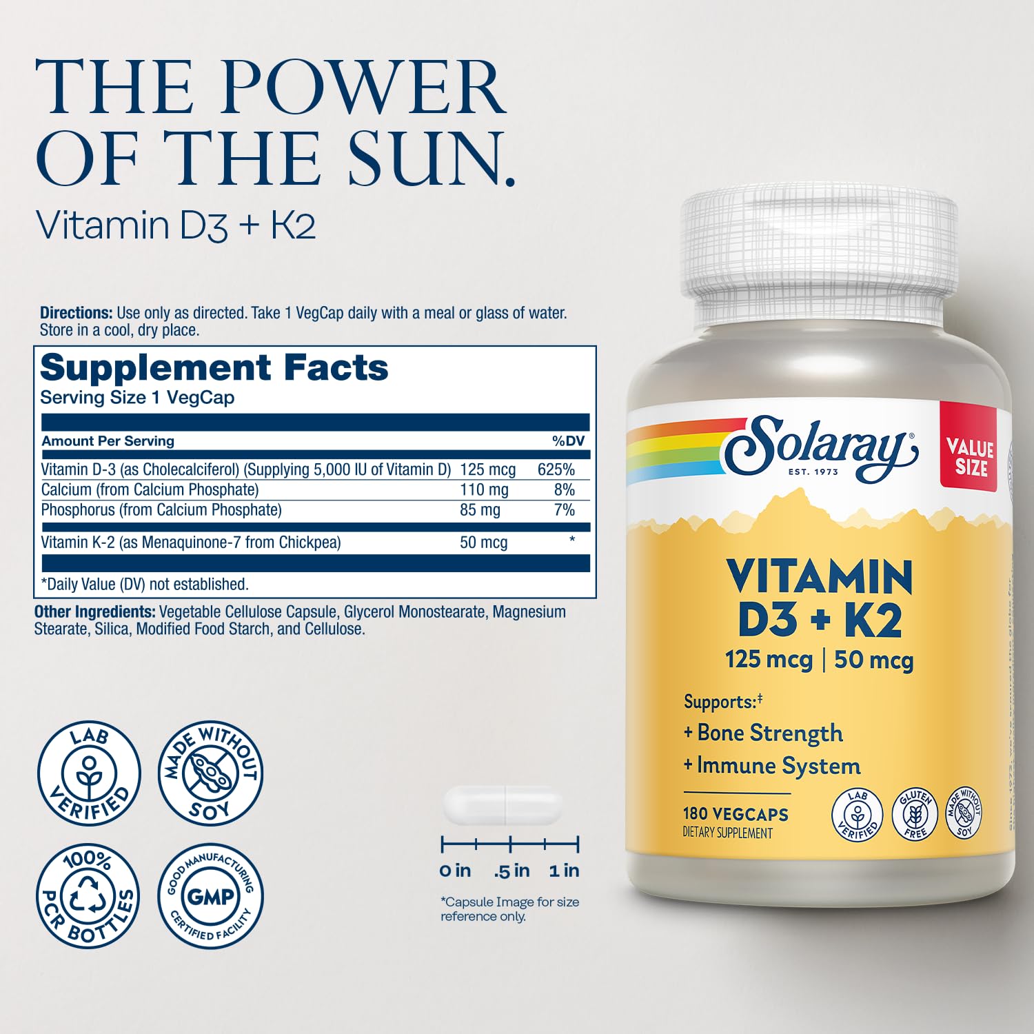 SOLARAY Vitamin D3 K2 capsules arranged inside bottle for easy daily supplementation