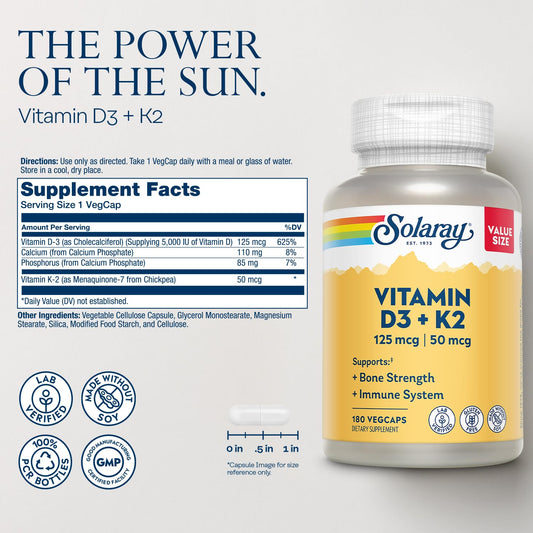 SOLARAY Vitamin D3 K2 capsules arranged inside bottle for easy daily supplementation