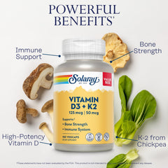 SOLARAY Vitamin D3 K2 label close-up indicating soy-free formula and high quality