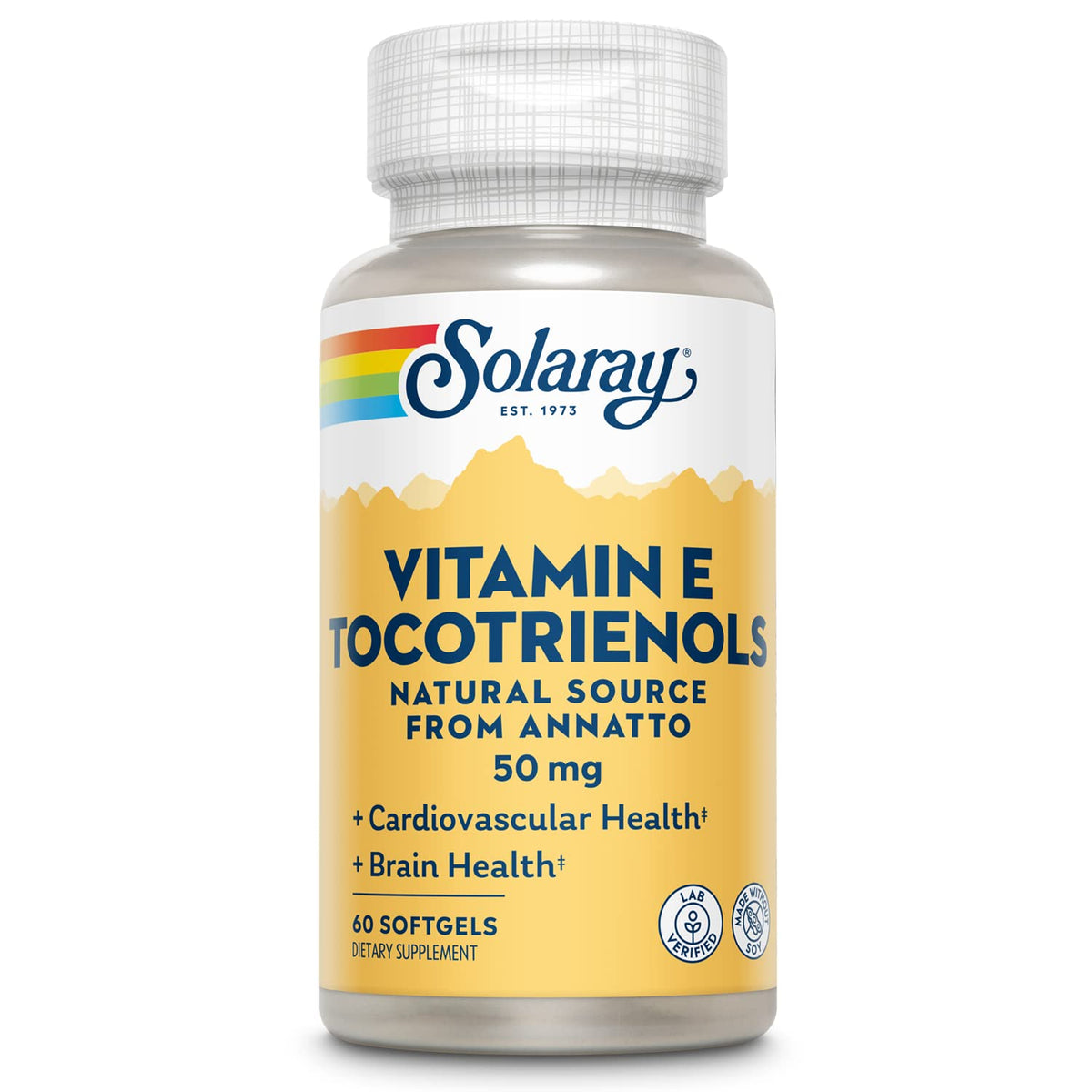 SOLARAY Vitamin E Tocotrienols 50mg bottle front view highlights annatto-derived tocotrienols for potential brain and heart support.