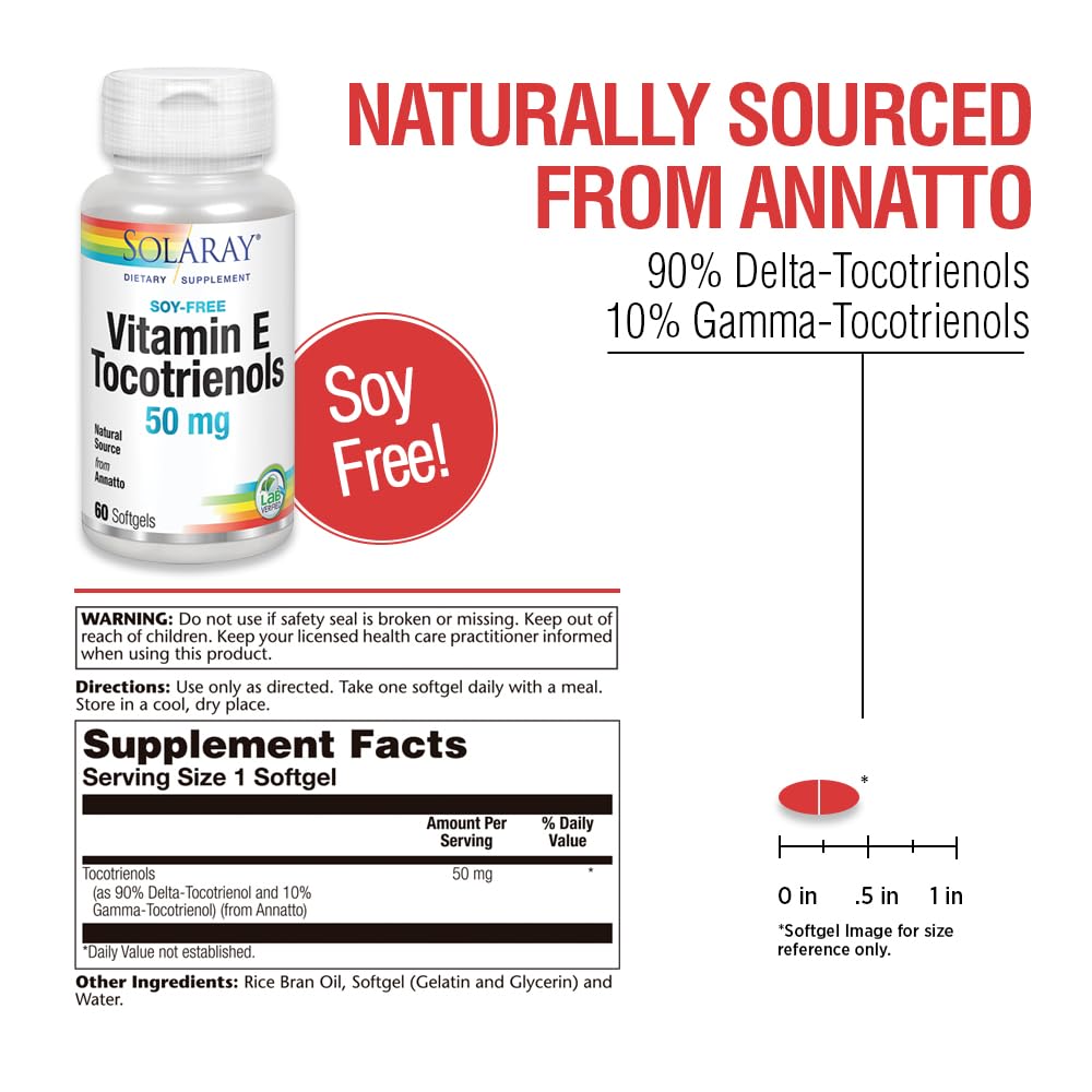 SOLARAY Vitamin E Tocotrienols 50mg bottle label emphasizing soy-free, potency-verified formula.