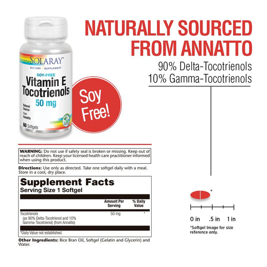 SOLARAY Vitamin E Tocotrienols 50mg bottle label emphasizing soy-free, potency-verified formula.