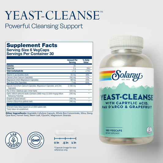 Solaray Yeast-Cleanse bottle label highlighting vegetarian capsules