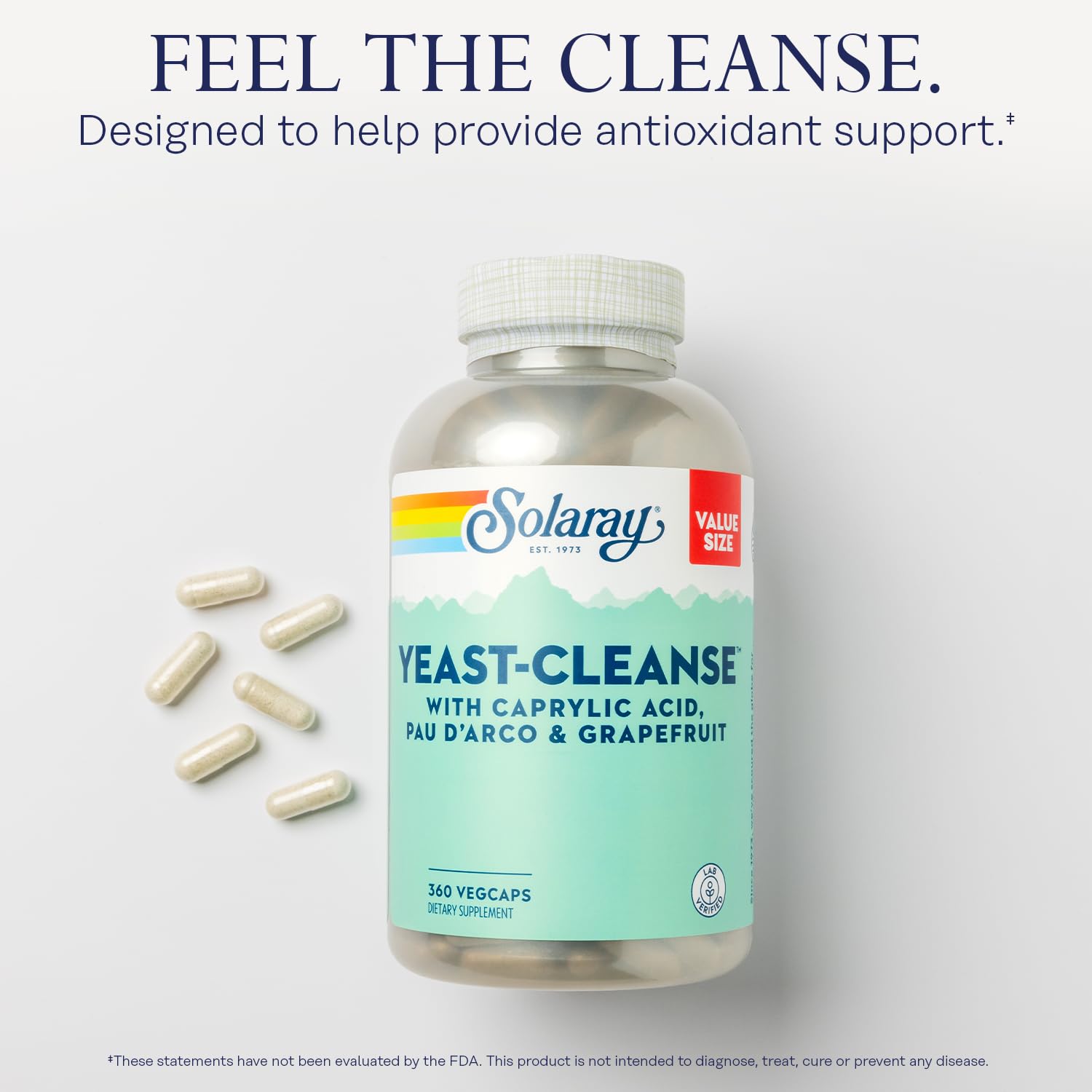 SOLARAY Yeast Cleanse caprylic acid ingredient close-up highlights natural cleansing support.