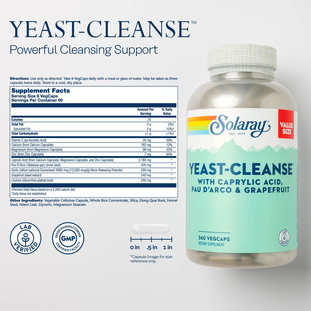 SOLARAY Yeast Cleanse capsules close-up showing a six-capsule daily serving option.