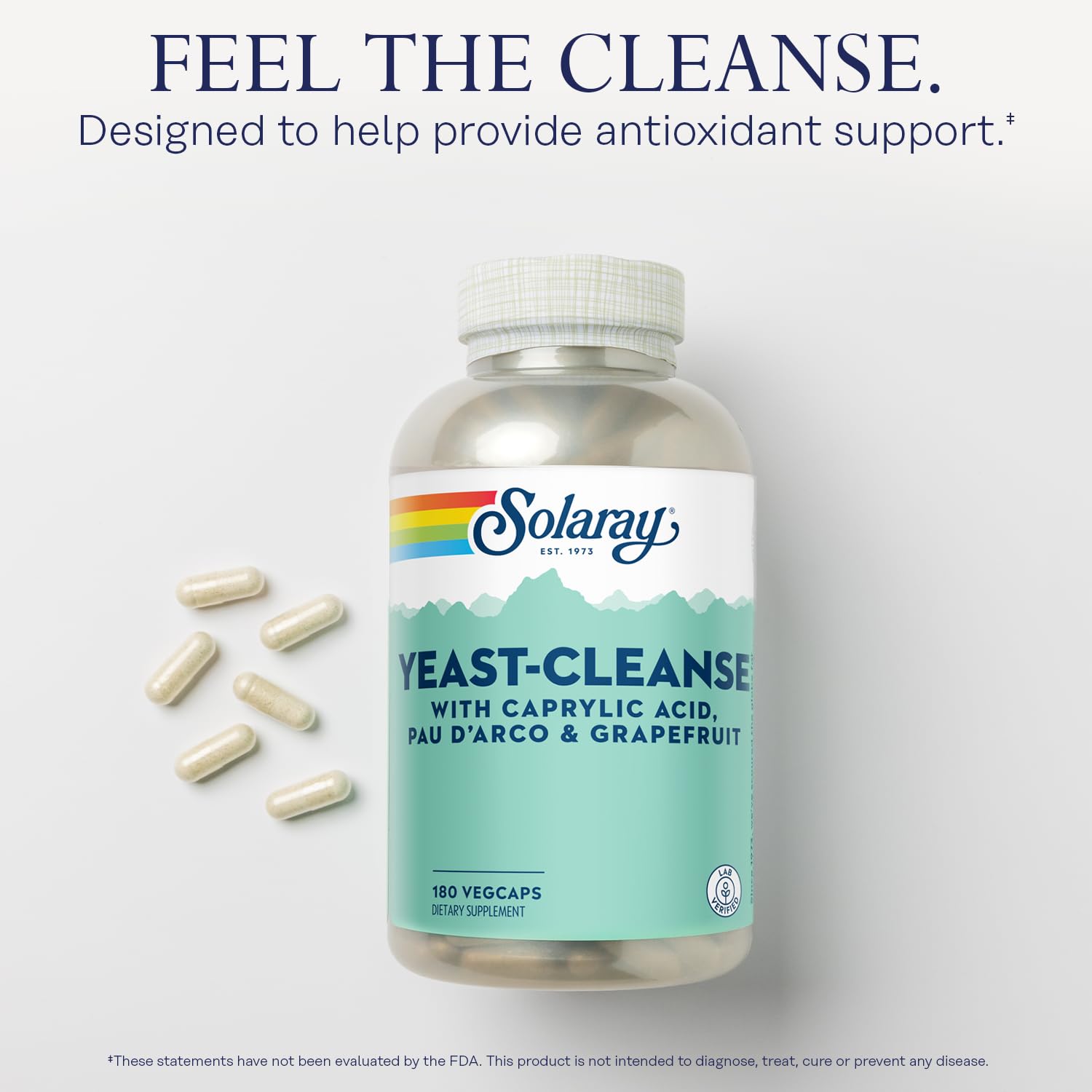 Solaray Yeast-Cleanse capsules close-up for easy swallowing