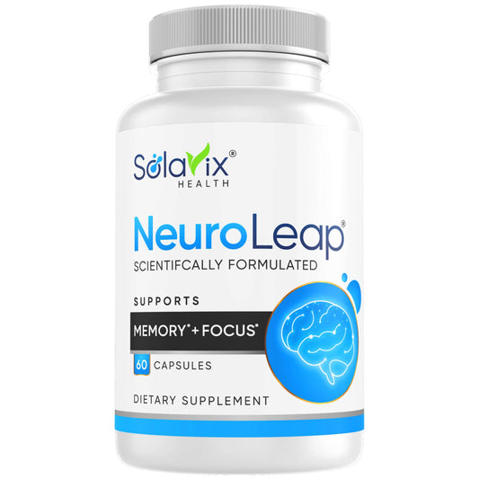 SolaVix NeuroLeap bottle front showing product packaging for memory support and focus