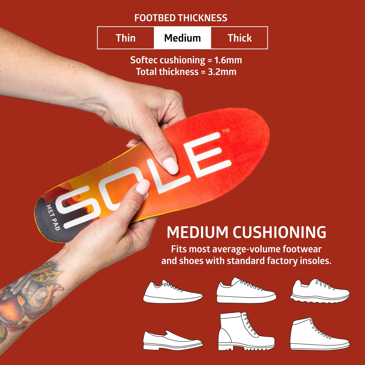 SOLE Performance heat-moldable insole demonstrates customizable fit for high, medium, or low arches.