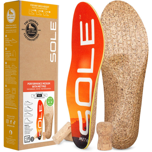 SOLE Performance medium insole with metatarsal pad angled view enhances forefoot support for active wear.