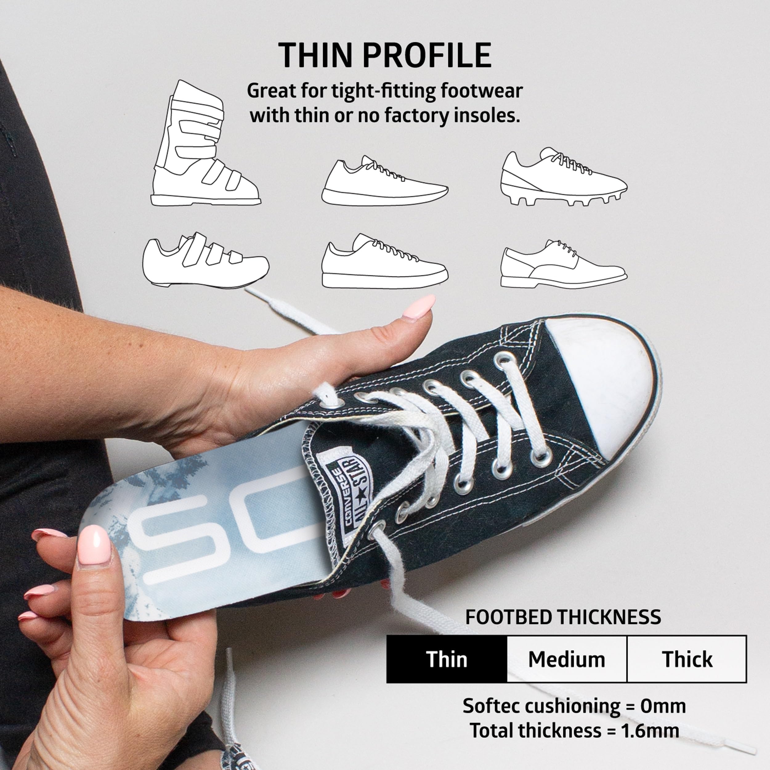 SOLE Performance thin insoles with dynamic arch support for neutral alignment.