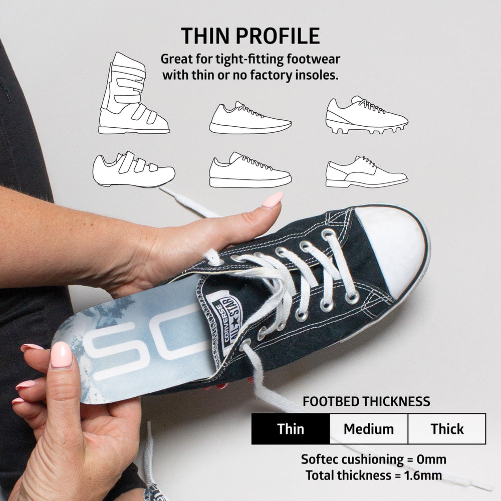 SOLE Performance thin insoles with dynamic arch support for neutral alignment.