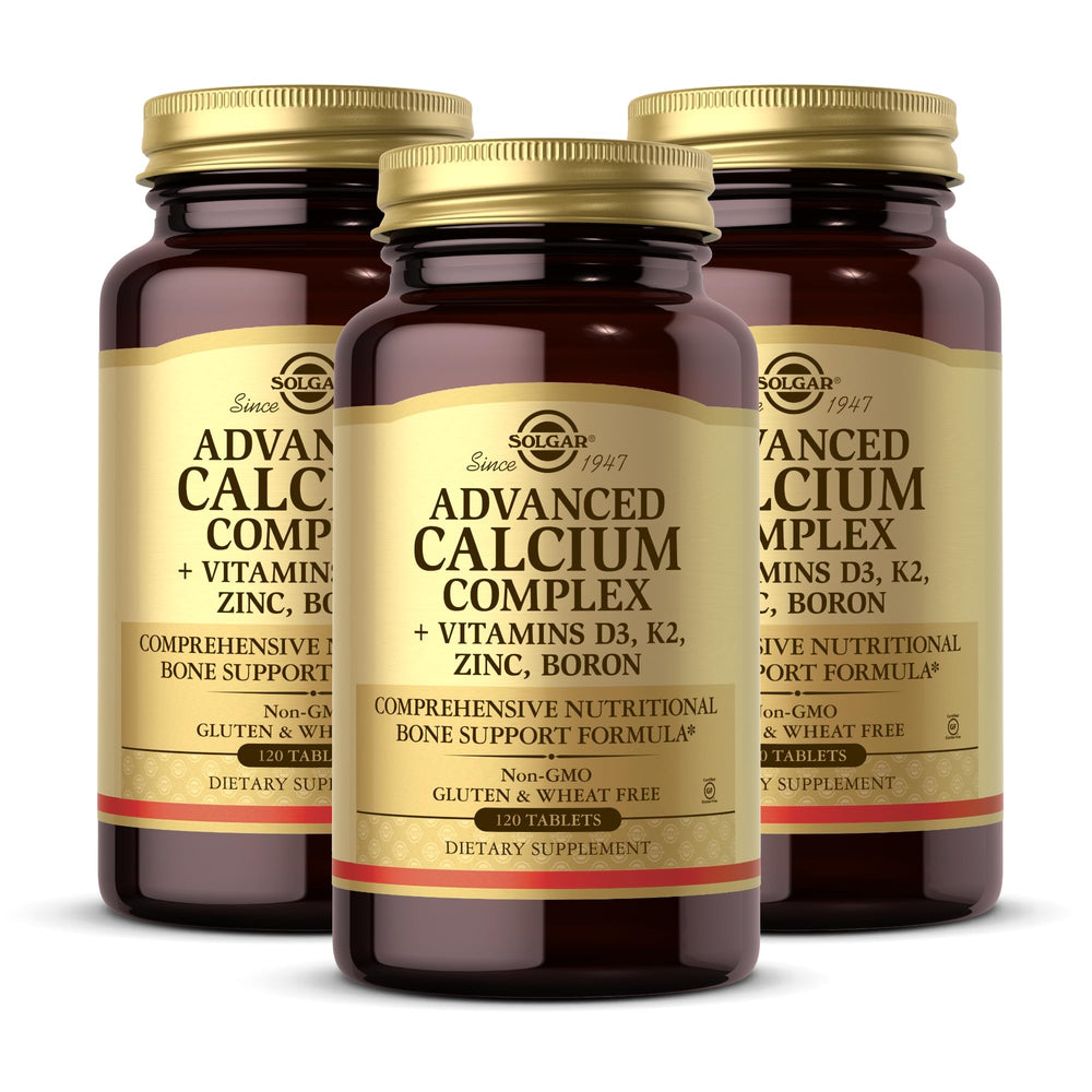 Solgar Advanced Calcium Complex bottle highlighting bone health support in a non-GMO formula.