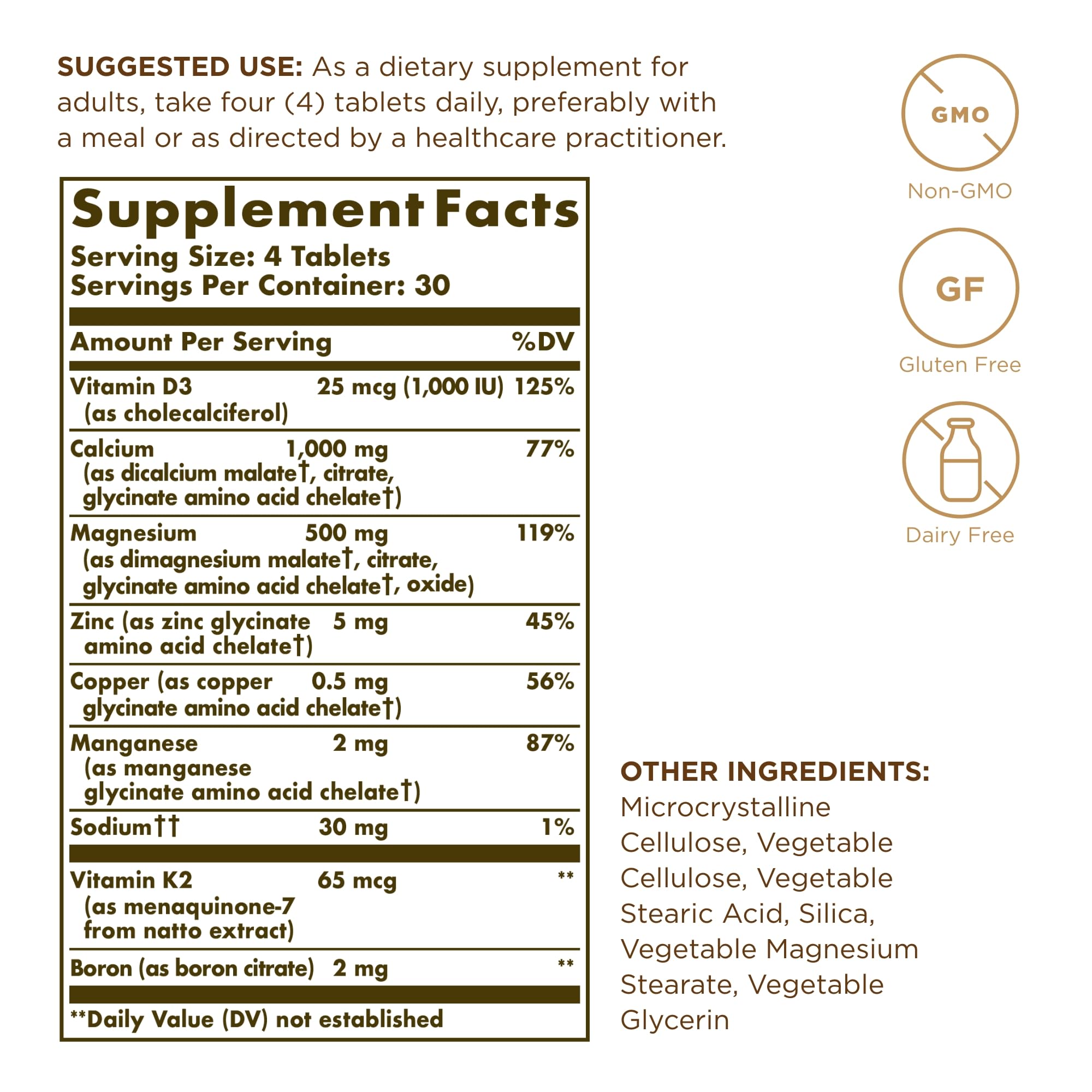 Solgar Advanced Calcium Complex tablets close-up with zinc, boron, D3, and K2 minerals.