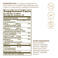 Solgar Advanced Calcium Complex tablets close-up with zinc, boron, D3, and K2 minerals.