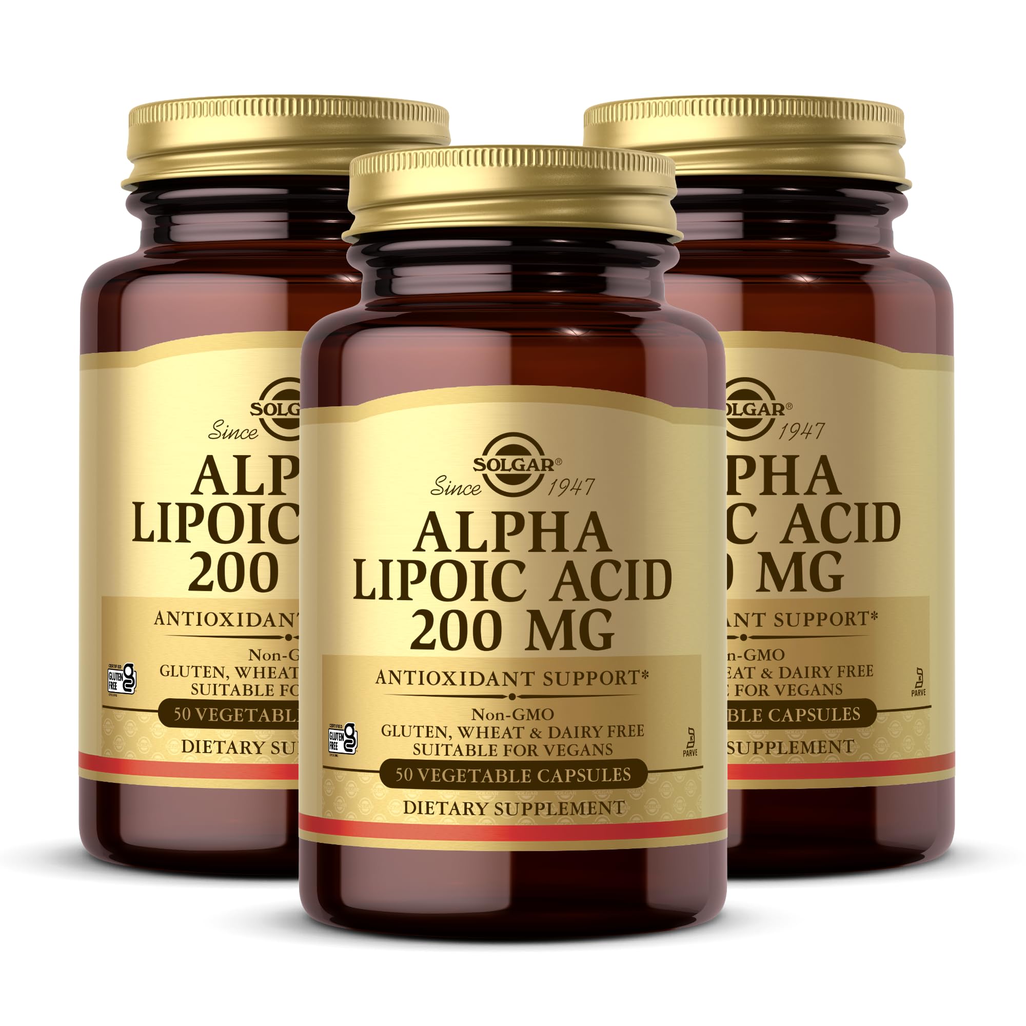 Solgar Alpha Lipoic Acid bottle with capsules emphasizing antioxidant support.