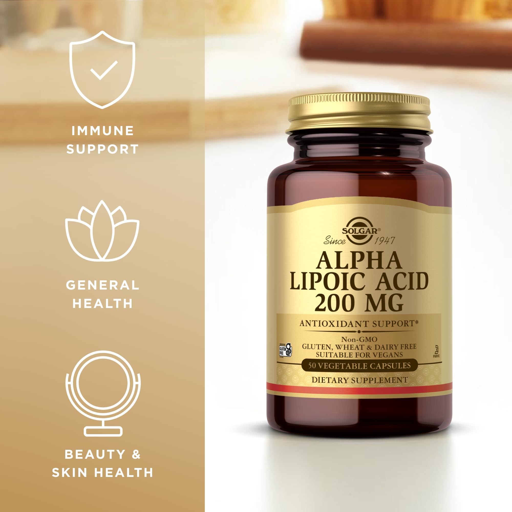 Solgar Alpha Lipoic Acid cap seal on bottle signals freshness.